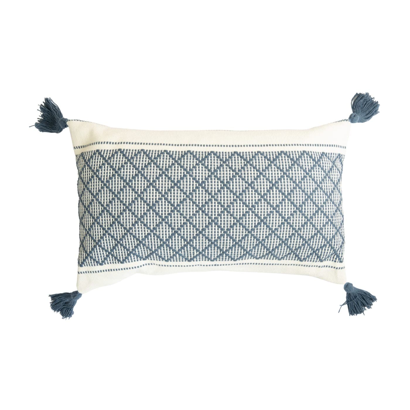 Coussin rectangulaire losanges bleu à pompons — miniature 2