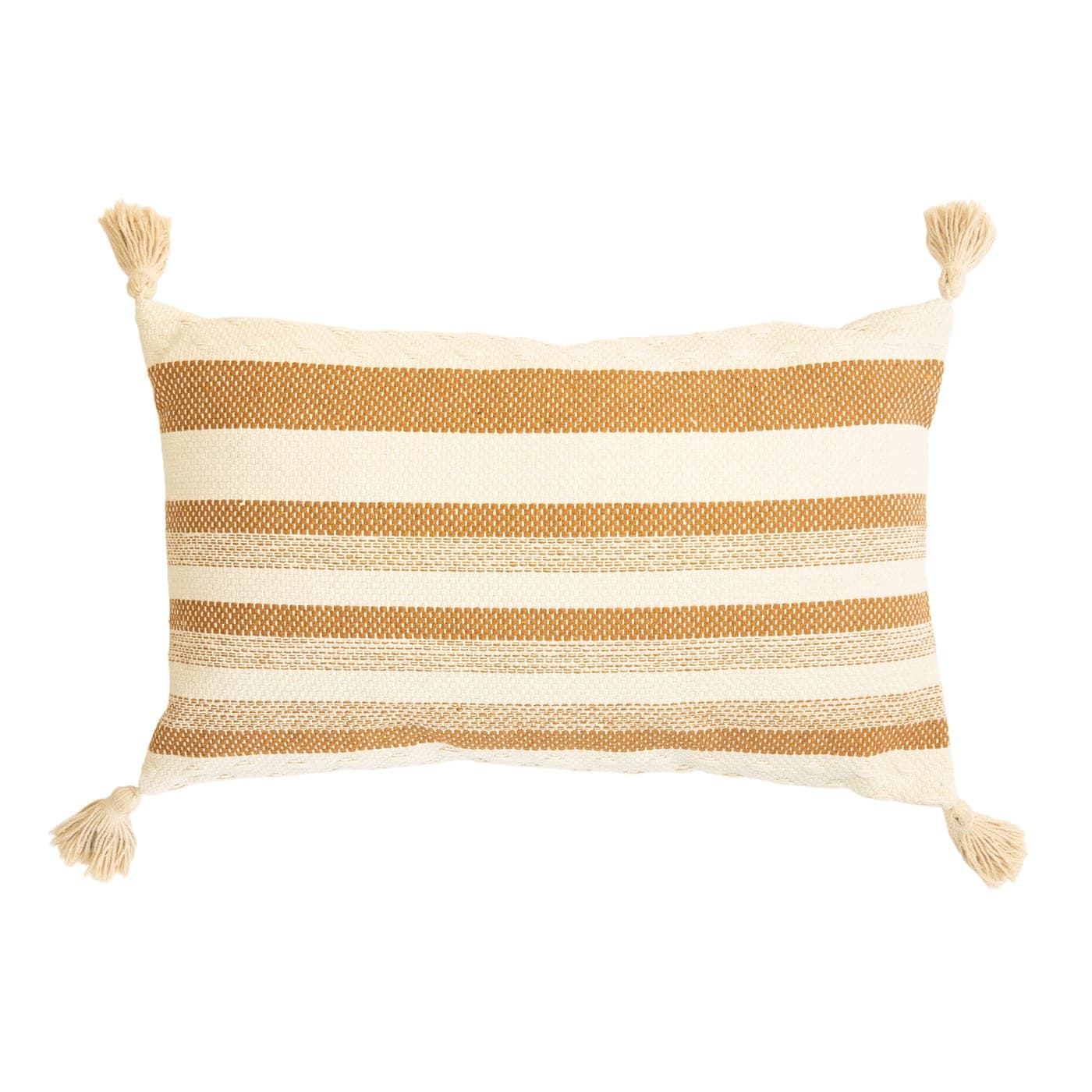 Coussin rectangulaire rayé camel à pompons — miniature 2