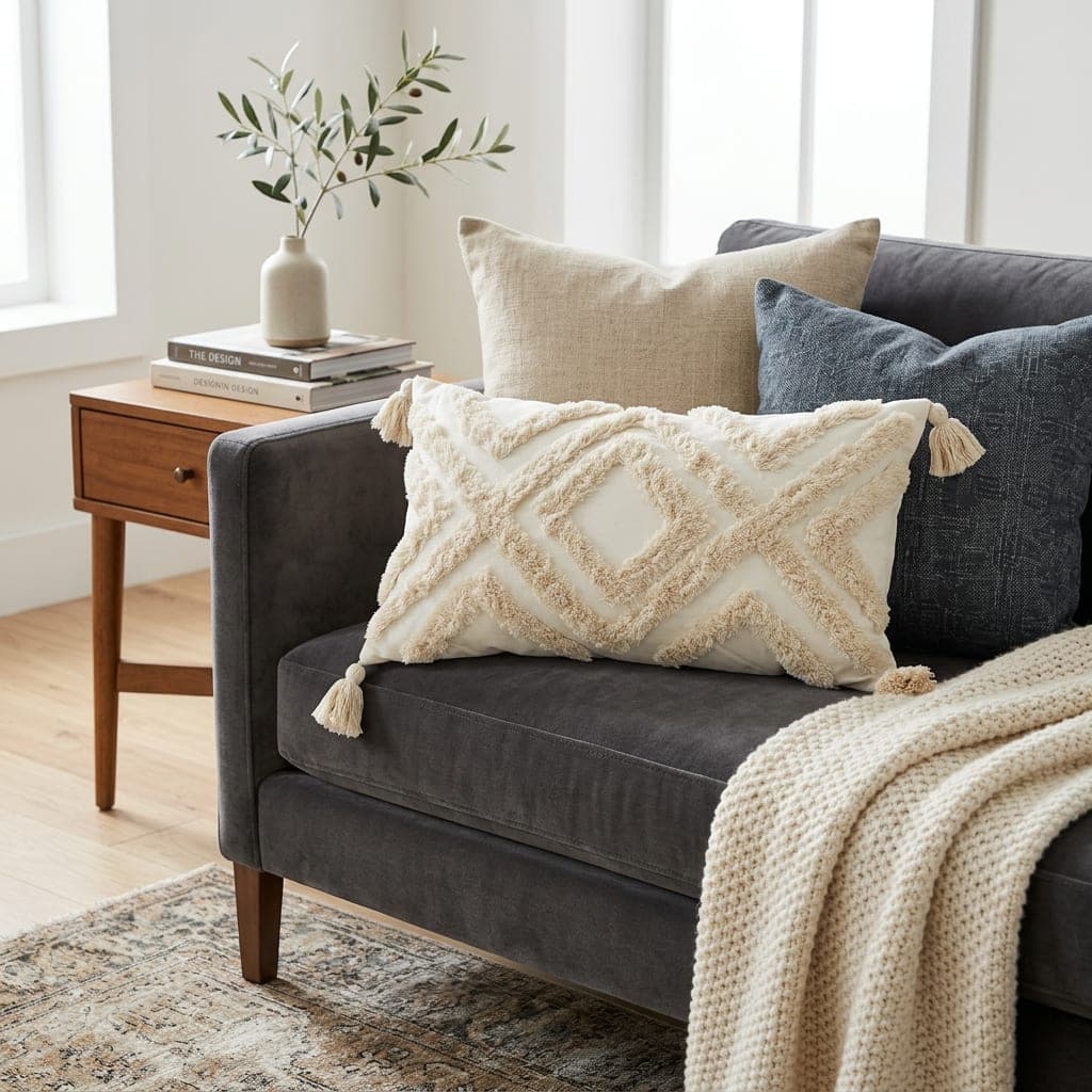 Coussin tufté écru à pompons
