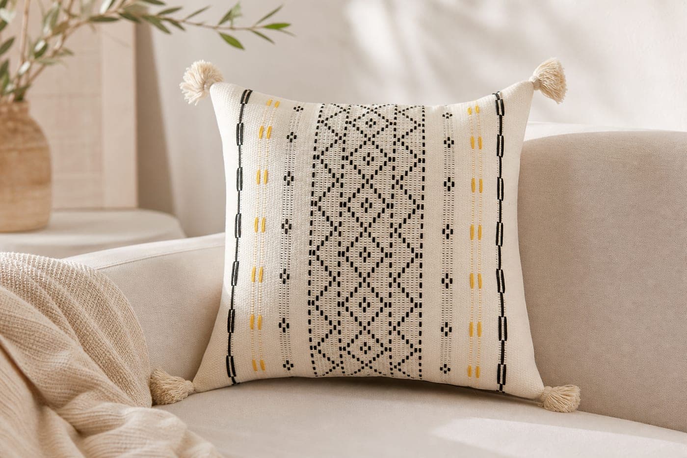 Coussin ethnique noir et jaune à pompons — vue 1