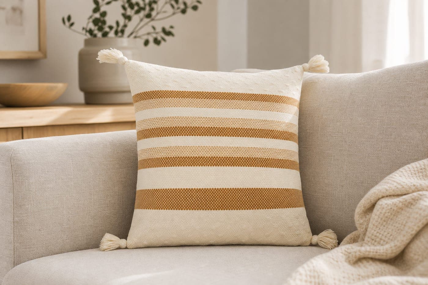 Coussin rayé camel à pompons