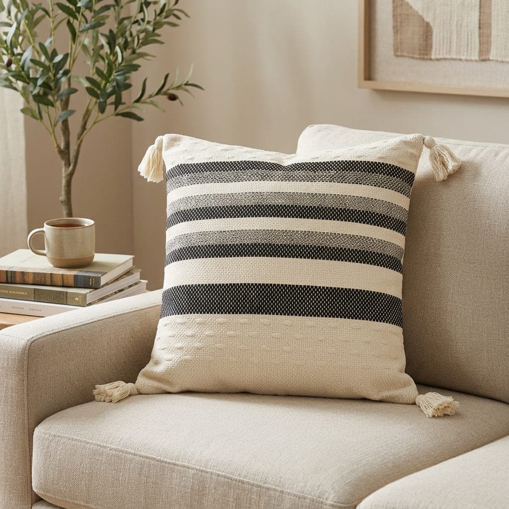 Coussin rayé noir et écru à pompons