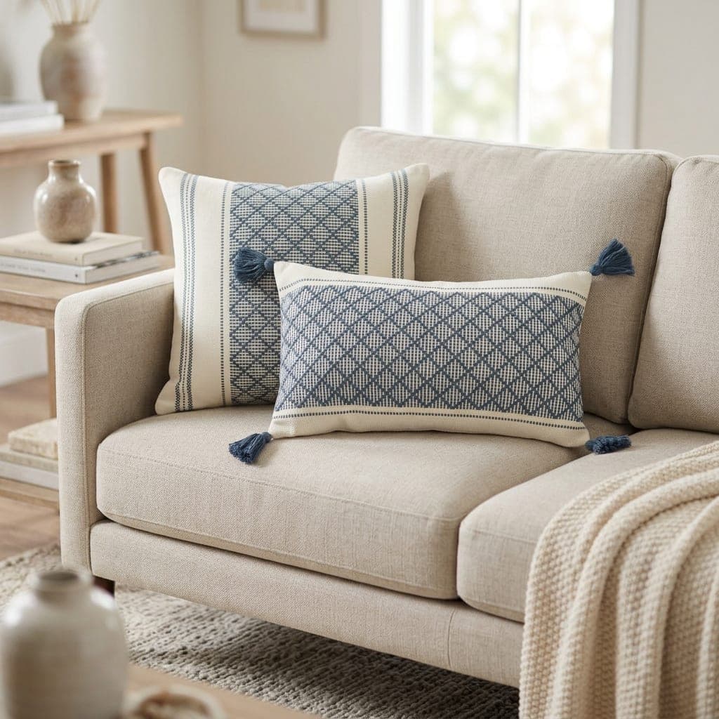 Coussin rectangulaire losanges bleu à pompons — vue 1