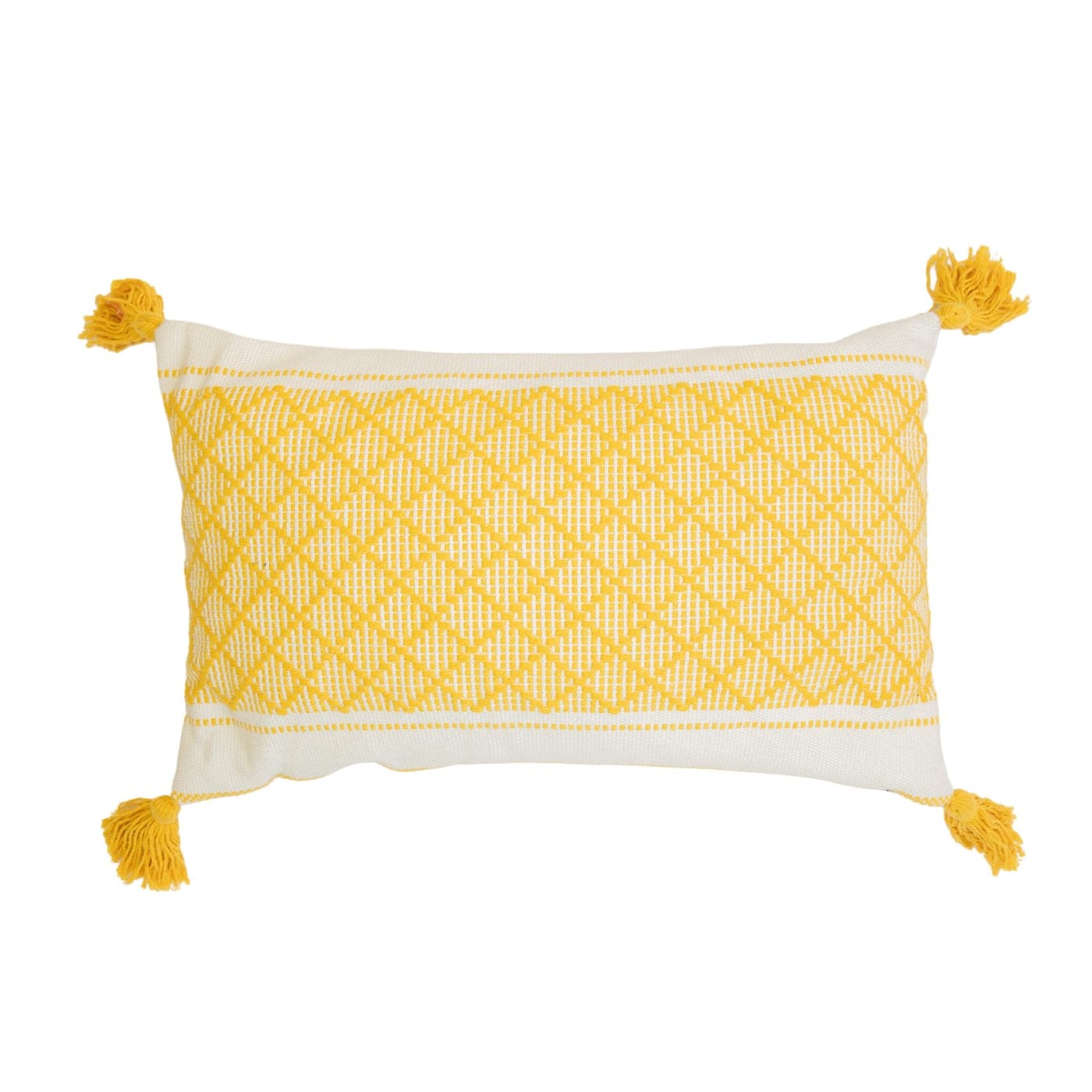 Coussin rectangulaire losanges jaune à pompons — vue 2