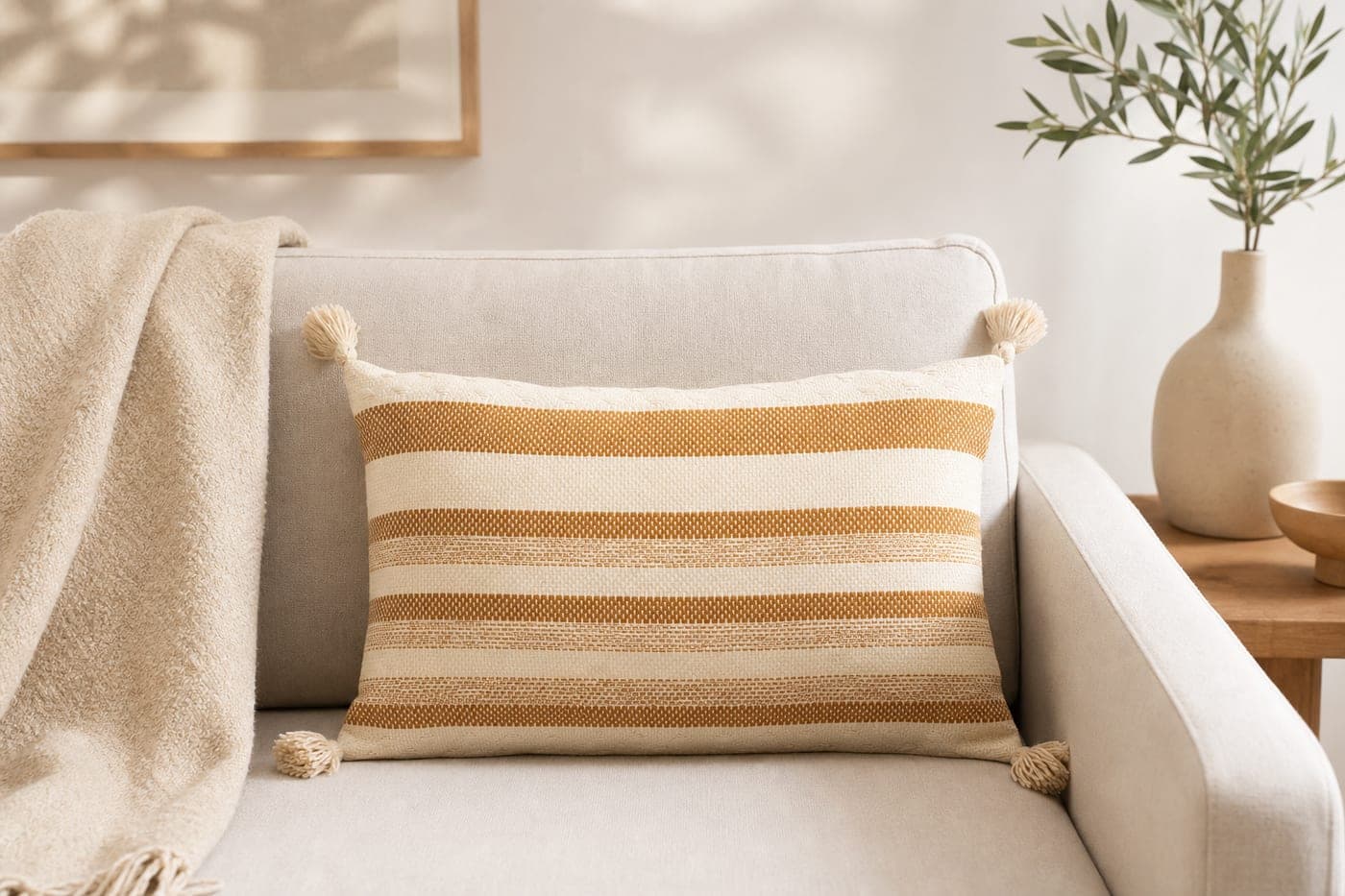 Coussin rectangulaire rayé camel à pompons — vue 1