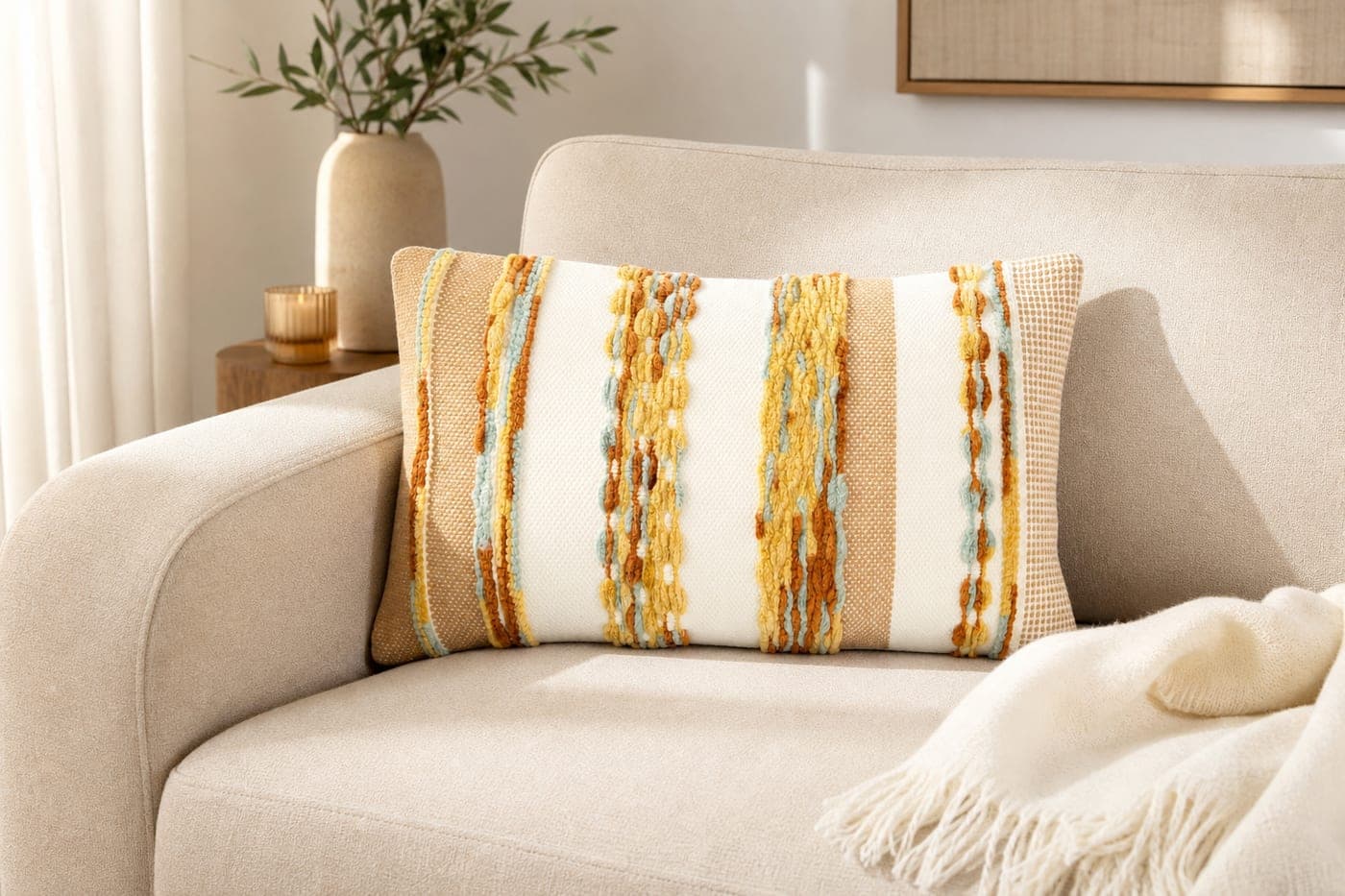 Coussin texturé beige et ocre — vue 1