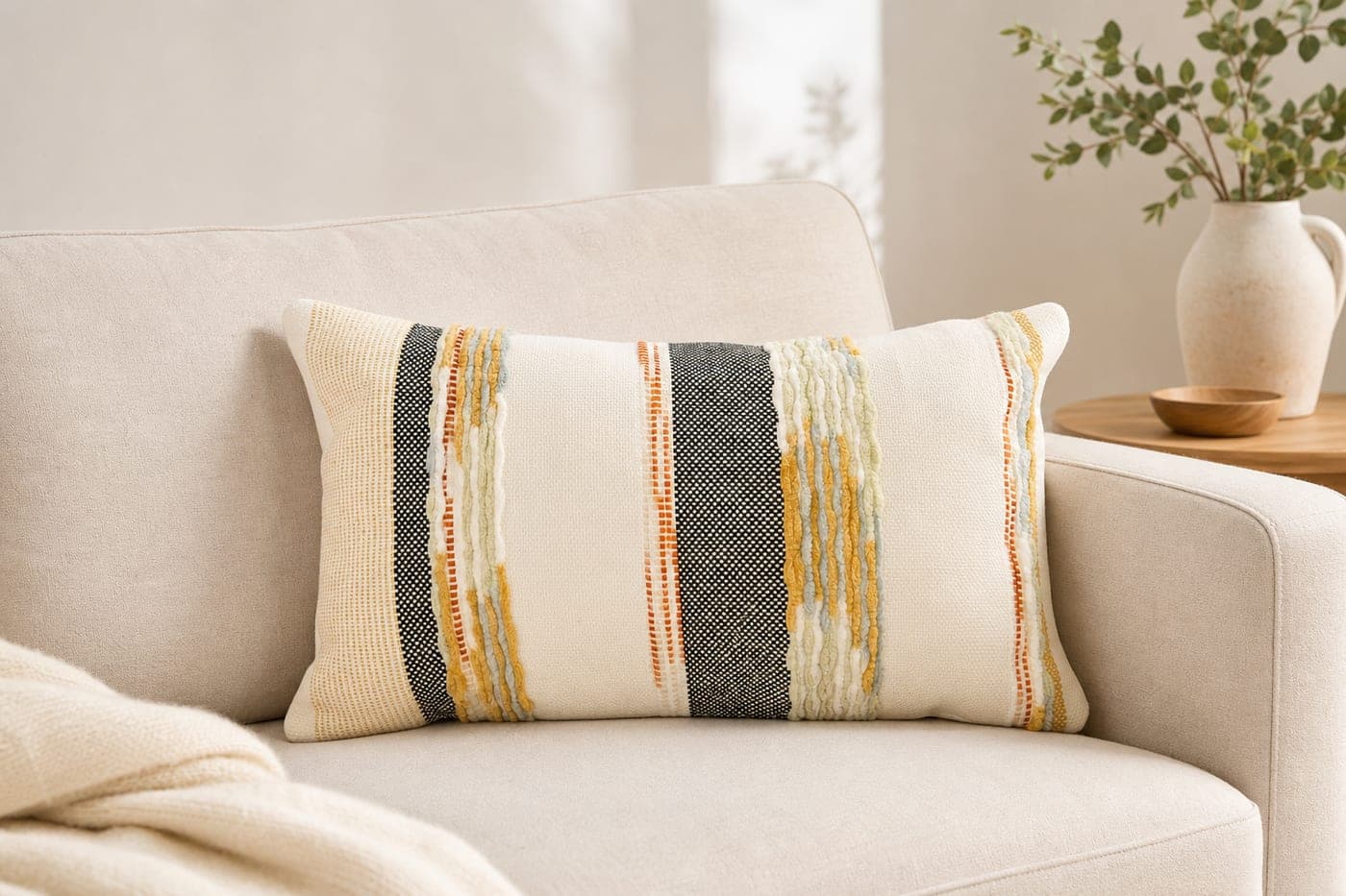 Coussin texturé rayé noir et terracotta — vue 1