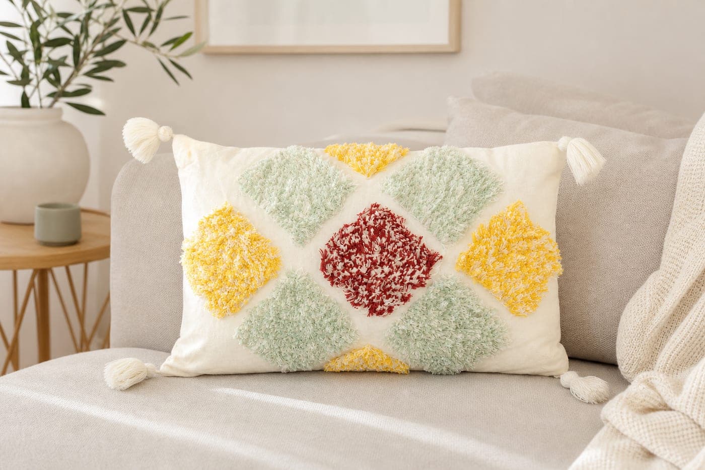 Coussin tufté multicolore à pompons — vue 1